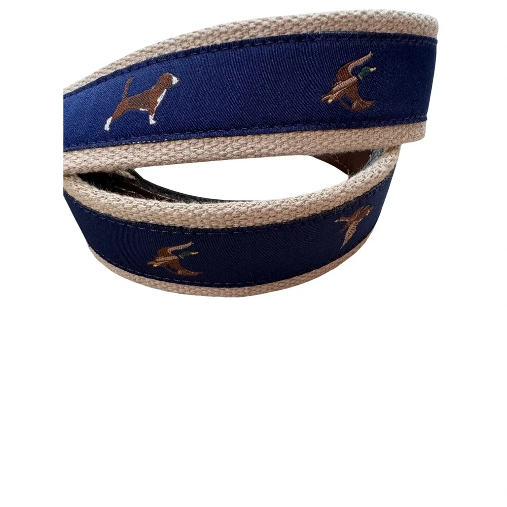 KMM Mens Ribbon Belt Navy Blue Canvas‎ Hunting Dog Mallard Duck Embroidery 36/90